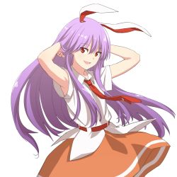 Rule 34 | 1girl, :d, absurdres, animal ears, armpits, arms up, belt, commentary request, cowboy shot, hair between eyes, hands in hair, highres, leon (mikiri hassha), long hair, looking at viewer, necktie, open mouth, orange skirt, purple hair, rabbit ears, red belt, red eyes, red necktie, reisen udongein inaba, shirt, short sleeves, sidelocks, simple background, skirt, smile, solo, touhou, very long hair, white background, white shirt, wing collar