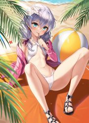 Rule 34 | 1girl, absurdres, aliceblue, arm support, ass, bad id, bad pixiv id, ball, bare legs, bare shoulders, beach, beach mat, beachball, bikini, blue eyes, breasts, criss-cross halter, day, earrings, flower, hair flower, hair ornament, halterneck, highleg, highleg bikini, highres, honkai (series), honkai impact 3rd, jacket, jewelry, knees up, long hair, long sleeves, looking at viewer, navel, off shoulder, open clothes, open jacket, outdoors, palm leaf, pink jacket, revision, sand, sandals, shadow, silver hair, sitting, small breasts, smile, solo, stomach, sunlight, swimsuit, theresa apocalypse, thighs, water, white bikini