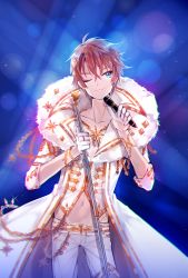 Rule 34 | 1boy, berii (cad berry), coat, collarbone, fang, fang out, file, gloves, gold trim, highres, hip bones, i-chu, jewelry, juumonji ban, male focus, microphone, necklace, one eye closed, red hair, short hair, smile, solo, sparkle, white gloves