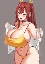 Rule 34 | 1girl, armpits, breasts, cleavage, collarbone, commentary, ear piercing, earrings, english commentary, fang, fukuda reika, grey background, hair between eyes, hair ribbon, highres, huge breasts, jewelry, long hair, navel, one eye closed, open mouth, original, piercing, red eyes, red hair, ribbon, shiny skin, shirt, simple background, skindentation, solo, sports bikini, standing, steaming body, sweat, thighs, twintails, unbuttoned, unbuttoned shirt, undersized clothes, undressing, white shirt, yellow ribbon, yua (argaoffroad)