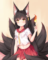 Rule 34 | 1girl, absurdres, alternate costume, animal ear fluff, animal ears, azur lane, beige background, black hair, blush, breasts, chinese commentary, collarbone, commentary request, cowboy shot, crop top, fire, flower, fox ears, fox tail, hair flower, hair ornament, hand up, highres, hime cut, long hair, looking at viewer, midriff, multiple tails, nagato-chan, nagato (azur lane), navel, on bed, pleated skirt, red sailor collar, red skirt, sailor collar, school uniform, serafuku, shadow, short sleeves, sidelocks, sitting, skirt, small breasts, solo, tail, very long hair, yellow eyes