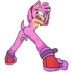 Rule 34 | 1girl, against wall, amy rose, animal ears, animal nose, anus, arm up, ass, between legs, breast press, breasts, cleft of venus, colored skin, female focus, filthypaladin, from behind, full body, furry, furry female, gloves, green eyes, hairband, half-closed eyes, hand between legs, highres, leaning forward, legs apart, looking back, looking down, looking to the side, medium breasts, multicolored skin, nude, open mouth, pink hair, pink skin, presenting, pussy, red footwear, red hairband, shoes, short hair, simple background, smile, solo, sonic (series), spread legs, standing, tail, teeth, two-tone skin, uncensored, white background, white gloves