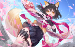 Rule 34 | 1girl, absurdres, animal ears, black hair, blue archive, commentary request, fang, fox ears, gloves, halo, heart, heart hands, highres, ink., izuna (blue archive), kunai, looking at viewer, petals, scarf, school uniform, short hair, sky, solo, thigh strap, weapon, yellow eyes