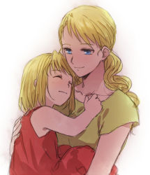 Rule 34 | 2girls, aged down, bare arms, blonde hair, blue eyes, carrying, closed eyes, dress, fullmetal alchemist, gradient background, green shirt, happy, hug, light smile, long hair, looking down, mother and daughter, multiple girls, pink dress, riru, sara rockbell, shirt, short hair, simple background, sleeveless, sleeveless dress, smile, upper body, white background, winry rockbell