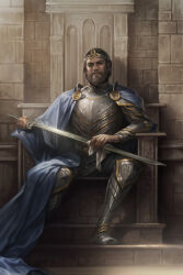 Rule 34 | 1boy, absurdres, armor, artist request, atomhawk, beard, blue cape, blue eyes, brown hair, cape, circlet, european clothes, facial hair, highres, holding, holding sword, holding weapon, indoors, looking at viewer, short hair, solo, stone wall, sword, the elder scrolls, the elder scrolls legends, vambraces, wall, weapon