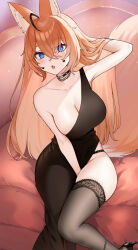 Rule 34 | 1girl, animal ear fluff, animal ears, black dress, blue eyes, breasts, cleavage, collarbone, dress, fang, fox ears, fox tail, glubbable, hair between eyes, highres, large breasts, long hair, looking at viewer, omaru (0marufestival), sitting, skin fang, solo, tail, thick thighs, thighs, virtual youtuber, vrchat