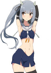 Rule 34 | 1girl, armpits, arms behind head, arms up, blunt bangs, breasts, brown eyes, comala (komma la), cosplay, crop top, dot nose, eyes visible through hair, female focus, grey hair, highres, i-203 (kancolle), i-203 (kancolle) (cosplay), kantai collection, kasumi (kancolle), long hair, looking at viewer, looking to the side, navel, sailor collar, side ponytail, sidelocks, skirt, sleeveless, small breasts, solo, thighhighs, upper body, very long hair, zettai ryouiki