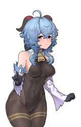 Rule 34 | ahoge, bare shoulders, bell, black gloves, black pantyhose, blue hair, blush, bodystocking, bodysuit, breasts, chroong, commission, covered navel, crotch, curled horns, detached sleeves, embarrassed, ganyu (genshin impact), genshin impact, gloves, highres, horns, leotard, leotard under clothes, looking at viewer, medium breasts, multicolored eyes, neck bell, pantyhose, pelvic curtain, sideboob, sidelocks, solo, standing, thighlet, thighs, white background, white sleeves, wide sleeves