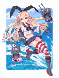 Rule 34 | &gt;:3, &gt; &lt;, 10s, 1girl, :3, anchor, black eyes, blonde hair, blush, boots, closed eyes, colored eyelashes, elbow gloves, gloves, grey footwear, hair ornament, hairband, highres, kantai collection, lifebuoy, long hair, navel, ocean, panties, pantyshot, rensouhou-chan, shimakaze (kancolle), skirt, solo, striped clothes, striped thighhighs, swim ring, thighhighs, underwear, upskirt, v-shaped eyebrows, water, yukimura tsubame