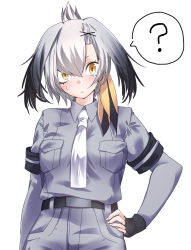 Rule 34 | 10s, 1girl, ?, arm at side, belt, black gloves, black hair, bodystocking, breast pocket, collared shirt, fingerless gloves, gloves, grey hair, grey shirt, hand on own hip, highres, kemono friends, long hair, looking at viewer, multicolored hair, necktie, pocket, shirt, shoebill (kemono friends), short sleeves, shorts, simple background, solo, spoken question mark, sweat, upper body, white background, wing collar, yellow eyes, yukina (masyumaro610)