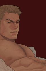 Rule 34 | 1boy, abs, bara, bare pectorals, chest hair, edeued (dpemrmfla), facial hair, frown, hairy, highres, large pectorals, long sideburns, looking to the side, male focus, muscular, muscular male, nipples, open clothes, open shirt, original, pectorals, short hair, sideburns, solo, stomach, stubble, thick eyebrows, thick thighs, thighs, upper body