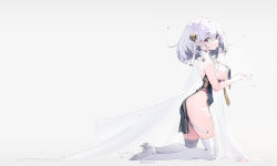 Rule 34 | 1girl, azur lane, blue dress, braid, breast curtains, breasts, cape, china dress, chinese clothes, closed mouth, crying, crying with eyes open, dress, expressionless, flower, from side, full body, garter straps, glint, gloves, grey background, grey footwear, hair between eyes, hair flower, hair ornament, half gloves, hands up, high heels, highres, kneeling, large breasts, looking at viewer, looking to the side, medium hair, official alternate costume, olys, outstretched hand, pelvic curtain, petals, red eyes, revision, rose, see-through, shoes, side slit, sideboob, sideways glance, silver hair, simple background, sirius (azur lane), sirius (azure horizons) (azur lane), sleeveless, sleeveless dress, solo, tears, thighhighs, twitter username, white cape, white gloves, white thighhighs, yellow flower, yellow rose