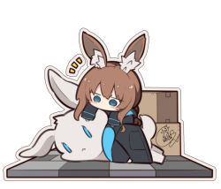 Rule 34 | 1girl, :&lt;, amiya (arknights), animal ear fluff, animal ears, arknights, beni shake, black jacket, blue eyes, blush stickers, box, brown hair, brown pantyhose, cardboard box, chibi, colored shadow, commentary request, grey outline, jacket, long hair, long sleeves, lying, notice lines, on stomach, outline, pantyhose, rabbit ears, shadow, signature, sleeves past wrists, solo, stuffed animal, stuffed rabbit, stuffed toy, very long hair, white background