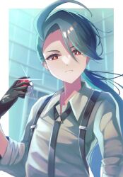 Rule 34 | 1girl, black gloves, bright pupils, closed mouth, collared shirt, commentary request, creatures (company), frown, game freak, glint, gloves, green hair, hand up, highres, holding, holding poke ball, long hair, meshiya (naruga-501-kuaru), necktie, nintendo, poke ball, poke ball (basic), pokemon, pokemon sv, ponytail, red eyes, rika (pokemon), shirt, solo, suspenders, upper body, white pupils