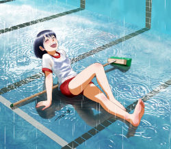 Rule 34 | 1girl, :d, barefoot, black hair, broom, chutohampa, closed eyes, day, empty pool, gym shirt, gym shorts, gym uniform, happy, knee up, open mouth, original, outdoors, pool, rain, red shorts, ripples, shirt, short hair, short sleeves, shorts, sitting, smile, swimsuit, swimsuit under clothes, t-shirt, uniform, wet, wet clothes, wet shirt, white shirt
