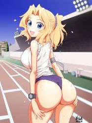 Rule 34 | 1girl, absurdres, alternate costume, arm wrap, arms at sides, ass, backboob, bare shoulders, blonde hair, blue buruma, blue eyes, blurry, blurry background, blush, breasts, buruma, covered erect nipples, cowboy shot, dated, forehead, from behind, girls und panzer, hair intakes, hair ornament, hair scrunchie, hands on own ass, highres, huge ass, inisipis, kay (girls und panzer), large breasts, leaning forward, long hair, looking at viewer, looking back, nape, narrow waist, open mouth, outdoors, ponytail, scoop neck, scrunchie, see-through, shirt, sideboob, signature, sky, sleeves rolled up, smile, solo, sportswear, thighs, thong, track and field, watch, wet, wet clothes, wet shirt, white shirt