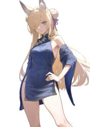 Rule 34 | 1girl, alternate costume, animal ear fluff, animal ears, blonde hair, blue archive, blue dress, blue eyes, blue sleeves, breasts, bright pupils, china dress, chinese clothes, closed mouth, commentary request, contrapposto, detached sleeves, dog ears, double bun, dress, extra ears, feet out of frame, hair bun, hair over one eye, hair ribbon, hand on own hip, highres, kanna (blue archive), light frown, long hair, looking at viewer, medium breasts, nito (nshtntr), no halo, one eye covered, red ribbon, ribbon, short dress, side slit, simple background, sleeveless, sleeveless dress, solo, standing, very long hair, white background, white pupils, wide sleeves