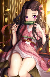 Rule 34 | 1girl, artist name, bamboo, biting, black hair, blush, brown hair, brown nails, checkered sash, commentary request, fingernails, forehead, ginkgo leaf, gradient hair, hair ribbon, hands up, highres, japanese clothes, kamado nezuko, kimetsu no yaiba, kimono, knees together feet apart, leaf, long hair, long sleeves, looking at viewer, mouth hold, multicolored hair, obi, open clothes, parted bangs, pink kimono, pink ribbon, purple eyes, ribbon, sash, sharp fingernails, solo, squchan, very long hair, watermark, web address, wide sleeves
