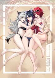 Rule 34 | 3girls, absurdres, animal ears, arknights, bare arms, bare legs, barefoot, beach, bikini, black hair, border, breasts, day, dierbeibanjia, exusiai (arknights), grey hair, group hug, highres, hug, lappland (arknights), lowleg, lowleg bikini, lying, medium breasts, multiple girls, navel, on back, one-piece swimsuit, penguin logistics logo, red hair, sand, small breasts, swimsuit, tail, teeth, texas (arknights), upper teeth only, waves, white border, wolf ears, wolf girl, wolf tail