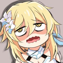 Rule 34 | 1girl, blonde hair, bocchi the rock!, breasts, cleavage, drooling, flower, genshin impact, hair flower, hair ornament, lumine (genshin impact), medium breasts, parody, shaded face, solo, trembling, watarase piro, wavy mouth, yellow eyes