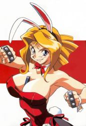 Rule 34 | 1990s (style), 1girl, animal ears, between breasts, blonde hair, blue eyes, brass knuckles, breasts, cleavage, detached collar, erilin goldsmith, fake animal ears, grin, large breasts, leotard, official art, pantyhose, playboy bunny, rabbit ears, retro artstyle, short hair, side-tie leotard, smile, solo, variable geo, weapon