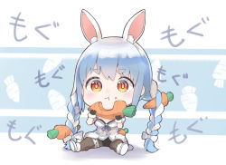 Rule 34 | 1girl, :t, animal ear fluff, animal ears, black gloves, blue hair, blush, braid, breasts, carrot, carrot hair ornament, chibi, closed mouth, coat, commentary request, eating, extra ears, food, food-themed hair ornament, food on face, gloves, hair ornament, highres, holding, holding food, hololive, long braid, long hair, looking at viewer, multicolored hair, open mouth, pantyhose, rabbit ears, rabbit girl, sitting, solo, thick eyebrows, translation request, twin braids, two-tone hair, usada pekora, usada pekora (1st costume), virtual youtuber, white coat, white hair, yumoto motoyu