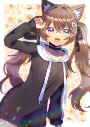 Rule 34 | 1girl, :d, animal ear fluff, animal ears, arm up, black choker, black hoodie, blush, brown hair, choker, collarbone, commentary request, commission, drawstring, floral background, green eyes, hair between eyes, hair intakes, heterochromia, hood, hood down, hoodie, kou hiyoyo, long hair, long sleeves, looking at viewer, open mouth, original, puffy long sleeves, puffy sleeves, purple eyes, skeb commission, sleeves past wrists, smile, solo, striped background, twintails, very long hair