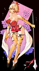 Rule 34 | 1girl, animal print, bishamonten&#039;s spear, black footwear, black panties, blonde hair, breasts, cleavage, commentary, elbow gloves, english commentary, flower, full body, gloves, hair ornament, highres, large breasts, looking at viewer, panties, pink flower, shawl, short hair, solo, thighhighs, tiger print, tomatolover16, toramaru shou, touhou, underwear, yellow eyes