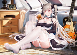 Rule 34 | 1girl, abbey road, absurdres, artist name, azur lane, bare shoulders, bed, bedroom, between breasts, black bow, black dress, black nails, black ribbon, blurry, blush, bow, breasts, bubble tea, chest of drawers, cleavage, clothing cutout, collarbone, commentary request, covered erect nipples, cup, depth of field, detached collar, disposable cup, dress, drink, earrings, electric guitar, feet, formidable (azur lane), frilled dress, frills, full body, garter straps, gibson les paul, gothic lolita, grey hair, guitar, hair bow, hair ribbon, hand on own thigh, highres, holding, holding drink, indoors, instrument, jewelry, large breasts, lolita fashion, long hair, long sleeves, looking at viewer, nail polish, open mouth, ornate ring, panties, pantyshot, photo (object), pillow, plectrum, red eyes, ribbon, ring, shadow, shoulder cutout, sitting, soles, solo, spread toes, stardust (chen&#039;ai weiding), the beatles, thighhighs, toes, twintails, two-tone dress, two-tone ribbon, underwear, very long hair, white panties, white ribbon, white thighhighs, wooden floor