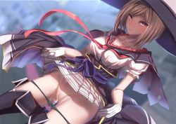 Rule 34 | 10s, 1girl, alternate eye color, black panties, black thighhighs, blush, censored, clothes lift, collarbone, djeeta (granblue fantasy), dress, dress lift, gloves, granblue fantasy, hat, lao meng, mosaic censoring, open mouth, orange eyes, panties, panty pull, pointless censoring, pussy, pussy juice, sash, short dress, short hair, solo, thighhighs, underwear, warlock (granblue fantasy), white gloves, wizard hat