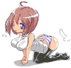 Rule 34 | 1girl, ahoge, all fours, blue eyes, bottomless, breasts, brown hair, chris (mario), covered erect nipples, large breasts, oekaki, panties, short hair, solo, striped clothes, striped panties, thighhighs, underwear