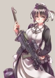 Rule 34 | 1girl, ammunition belt, ammunition pouch, apron, assault rifle, ayyh, belt, belt pouch, black hair, bow, bowtie, brown eyes, bucket, bullpup, cowboy shot, dress, frills, grey background, gun, gun sling, hair ornament, hand up, hat, highres, holding, holding weapon, long sleeves, looking at viewer, looking away, maid, maid apron, maid cap, maid headdress, mob cap, pouch, ribbon, rifle, sidelocks, simple background, skirt, smile, solo, strap, water, weapon, white bow