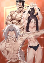 Rule 34 | 1girl, 2boys, abs, absurdres, adjusting eyewear, arms up, biceps, black hair, breasts, briefs, clavell (pokemon), closed mouth, collarbone, commentary request, creatures (company), dendra (pokemon), facial hair, flexing, game freak, glasses, grey eyes, grey hair, highres, large breasts, large pectorals, looking at viewer, male underwear, momihige, multiple boys, muscular, muscular male, mustache, navel, nintendo, orange background, outstretched arm, own hands together, pectorals, pokemon, pokemon sv, round eyewear, saguaro (pokemon), scar, scar on face, scar on forehead, short hair, smile, sparkle, topless, topless male, underwear, veins