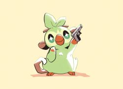 Rule 34 | commentary, creature, creatures (company), english commentary, full body, game freak, gen 8 pokemon, grookey, gun, holding, holding gun, holding weapon, illufinch, nintendo, no humans, pokemon, pokemon (creature), shadow, simple background, solo, weapon, yellow background