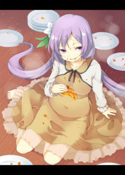 Rule 34 | 1girl, akagashi hagane, apple pie, barefoot, belly, brown dress, circle skirt, dress, food, food on clothes, food on face, letterboxed, long hair, long sleeves, low twintails, open mouth, plate, purple eyes, purple hair, shirt, sitting, solo, stack, stomach bulge, touhou, tsukumo benben, twintails, very long hair
