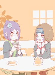 Rule 34 | 2girls, :d, blush stickers, bracelet, brown hair, cake, cup, drink, facial mark, flower, food, forehead protector, hair flower, hair ornament, hands on own face, highres, holding, holding cup, holding drink, jewelry, konan (naruto), konohagakure symbol, looking at another, meitarou, multiple girls, naruto, naruto (series), naruto shippuuden, nohara rin, open mouth, orange eyes, purple hair, short hair, sitting, smile, table, aged down