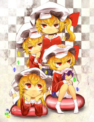 Rule 34 | 4girls, alternate costume, alternate hairstyle, bad id, bad pixiv id, blonde hair, character doll, child, clone, female focus, flandre scarlet, hand on head, hat, head rest, highres, jitome, long hair, mantarou (shiawase no aoi tori), multiple girls, pointy ears, reading, red eyes, remilia scarlet, short hair, side ponytail, sitting, smile, socks, touhou, wings