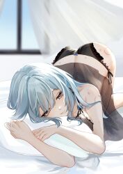 Rule 34 | 1girl, absurdres, ass, bed sheet, bite mark, bite mark on ass, black panties, blue hair, breasts, butt crack, eula (genshin impact), genshin impact, gnsn tukituki, hair between eyes, hickey, highres, lingerie, lying, medium breasts, medium hair, negligee, on bed, on stomach, panties, pillow, solo, thighs, top-down bottom-up, underwear, yellow eyes