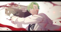Rule 34 | 1boy, black gloves, blood, blood on clothes, blood on face, blood splatter, formal, gloves, green eyes, green hair, highres, holding, holding suitcase, jacket, lamoon0703, long sleeves, looking at viewer, male focus, nu carnival, olivine (nu carnival), short hair, suit, suitcase, upper body, white jacket, white suit