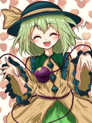 Rule 34 | 1girl, ^ ^, black hat, blouse, blush, buttons, closed eyes, collared shirt, commentary request, cowboy shot, diamond button, eyeball, facing viewer, frilled shirt collar, frilled sleeves, frills, green hair, green skirt, hat, hat ribbon, heart, heart background, highres, kayon (touzoku), komeiji koishi, long sleeves, medium hair, open mouth, ribbon, shirt, simple background, skirt, smile, solo, teeth, third eye, touhou, upper teeth only, wavy hair, white background, wide sleeves, yellow ribbon, yellow shirt