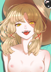 Rule 34 | 1girl, absurdres, august., blonde hair, breasts, hair ribbon, hat, highres, horizontal pupils, looking at viewer, moriya suwako, nipples, open mouth, ribbon, simple background, small breasts, solo, teeth, tongue, tongue out, touhou, upper body, upper teeth only, yellow eyes