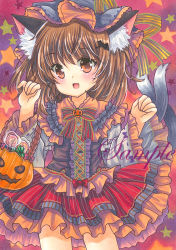 Rule 34 | :d, alternate costume, animal ear fluff, animal ears, black shirt, bow, bowtie, brown eyes, brown hair, candy, cat ears, cat tail, center frills, chen, cowboy shot, fang, food, frilled shirt, frilled shirt collar, frilled skirt, frilled sleeves, frills, grey hat, hair ornament, halloween, halloween bucket, hat, hat ribbon, lollipop, long sleeves, looking at viewer, marker (medium), medium hair, mob cap, multiple tails, open mouth, paw pose, red bow, red bowtie, red skirt, ribbon, rui (sugar3), sample watermark, shirt, skirt, smile, solo, star (symbol), striped clothes, striped skirt, tail, touhou, traditional media, two tails, vertical stripes, watermark, white sleeves, wide sleeves, yellow ribbon