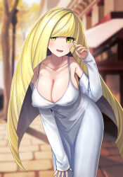 Rule 34 | 1girl, absurdres, bbb3y1, blonde hair, blush, breasts, cleavage, clothes, covered erect nipples, creatures (company), dress, female focus, game freak, green eyes, highres, large breasts, long hair, lusamine (pokemon), mature female, nintendo, pokemon, pokemon sm, smile, solo, tagme, very long hair, white dress