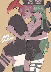 Rule 34 | 2girls, ass, bat wings, black thighhighs, bob cut, breasts, cleavage, english text, green hair, hand on another&#039;s hip, hat, head wings, highres, holding hands, jinbei, large breasts, lilith aensland, long hair, morrigan aensland, multiple girls, nurse, nurse cap, open clothes, panties, pink hair, simple background, thighhighs, unbuttoned, unbuttoned shirt, underwear, vampire, vampire (game), wings