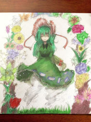 Rule 34 | 1girl, alternate hair length, alternate hairstyle, alternate headwear, arch, arms behind back, bad id, bad pixiv id, bonnet, bow, breasts, dress, closed eyes, floral arch, flower, full body, ghost tail, grass, green dress, green hair, hair bow, hat, long hair, long sleeves, looking at viewer, painting (medium), puffy sleeves, signature, soga no tojiko, solo, touhou, traditional media, very long hair, watercolor (medium), white background, yuxyon