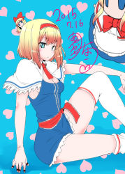 Rule 34 | 1girl, adapted costume, alice margatroid, aqua eyes, ascot, ayakase riberi, blonde hair, blue eyes, breasts, capelet, cleavage, dated, doll, hairband, heart, heart background, sash, signature, simple background, small breasts, thighhighs, touhou, white thighhighs