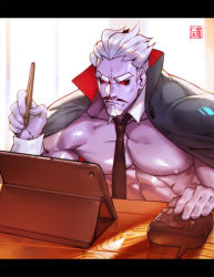 Rule 34 | 1boy, abs, artist logo, bara, cape, collar, day, drawing, drawing tablet, facial hair, frown, highres, large pectorals, light, light rays, looking to the side, male focus, mature male, muscular, muscular male, mustache, na insoo, necktie, nipples, original, pectorals, red eyes, room, sideburns, solo, stubble, stylus, table, tools, topless male, white hair, wood, wooden table