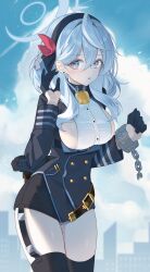 Rule 34 | 1girl, absurdres, ako (blue archive), bell, belt, black gloves, black hairband, blue archive, blue eyes, blue hair, blue halo, blush, breasts, chain, chain leash, cloud, cloudy sky, gloves, hair between eyes, hairband, halo, highres, jewelry, large breasts, leash, long hair, long sleeves, looking at viewer, neck bell, sideboob, sideless shirt, sky, solo, thighhighs, yagen (user mxur3238)