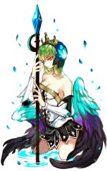 Rule 34 | 1girl, breasts, c.c., cleavage, code geass, cosplay, creayus, crown, detached sleeves, feathered wings, green hair, gwendolyn (cosplay), gwendolyn (odin sphere), holding, holding weapon, long hair, looking at viewer, medium breasts, multicolored wings, odin sphere, polearm, pteruges, smile, solo, spear, weapon, wings, yellow eyes