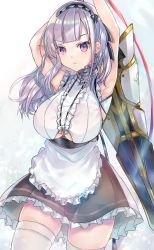 Rule 34 | 1girl, anchor choker, anchor necklace, apron, azur lane, bad id, bad pixiv id, black hairband, black skirt, breasts, center frills, choker, clothing cutout, dido (azur lane), earrings, frilled choker, frilled skirt, frills, hairband, heart, heart earrings, highres, holding, holding sword, holding weapon, jewelry, lace-trimmed hairband, lace trim, large breasts, maid, necklace, purple eyes, shibaebi (yasaip game), shirt, skirt, sleeveless, sleeveless shirt, solo, sword, thighhighs, underboob, underboob cutout, waist apron, weapon, white apron, white hair, white shirt, white thighhighs, zettai ryouiki
